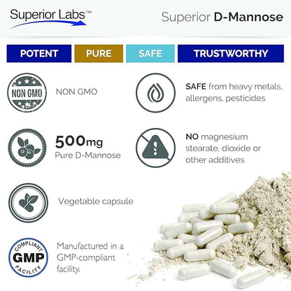 Superior Labs D-Mannose 500 mg, Pure Non-GMO Optimal Absorption Prebiotic, Urinary Tract, Bladder & Kidney UTI Support, Digestive & Liver Health Aid, IC Relief for Women & Men, 120 Veg Caps