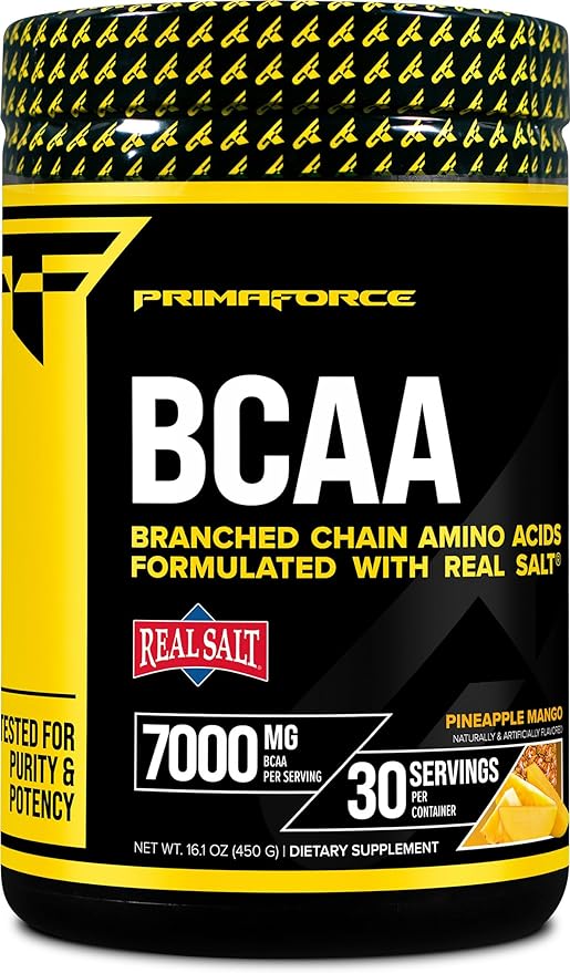 Primaforce BCAA Powder (Pineapple Mango) (30 Servings) - 7000MG 2:1:1 BCAAs, Post-Workout Drink with Amino Acids and Real Salt
