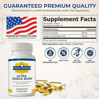 Simple Promise Ultra Omega Burn - Omega-7 Supplement with Pure Palmitoleic Acid - Fish Oil for Metabolism, Weight Support & Cardiovascular Health - Healthy Heart Support for Men & Women | 30 Softgels