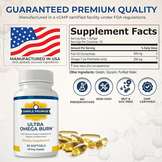 Simple Promise Ultra Omega Burn - Omega-7 Supplement with Pure Palmitoleic Acid - Fish Oil for Metabolism, Weight Support & Cardiovascular Health - Healthy Heart Support for Men & Women | 30 Softgels
