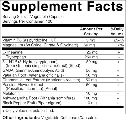 Vitamatic Advanced Sleep Aid with Melatonin - 120 Vegetable Capsules Made with B6, Magnesium, L-Theanine, L-Tryptophan, 5-HTP, GABA, Valerian, Chamomile, Passion Flower, Ashwagandha & Black Pepper