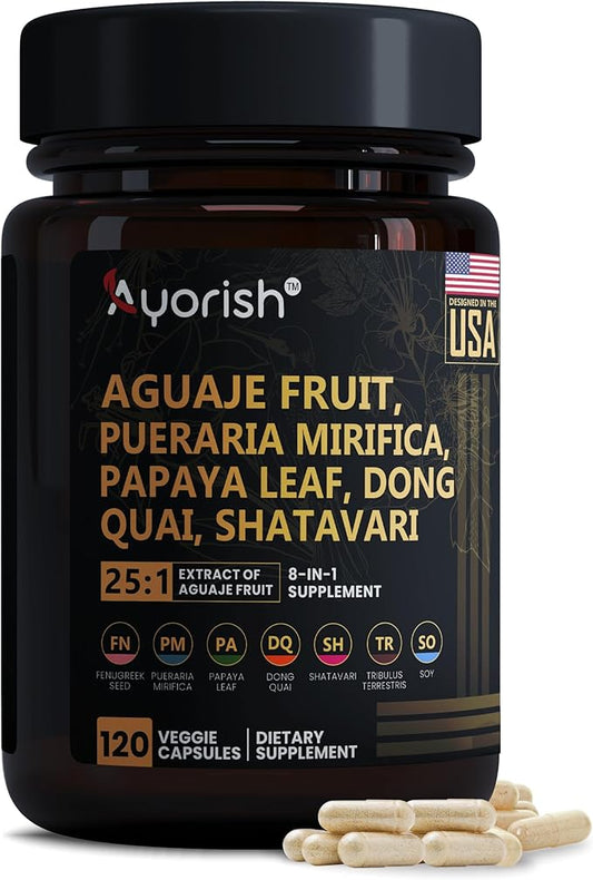 Aguaje Fruit Supplement1000mg 25:1 with Pueraria Mirifica, Papaya Leaf, Dong Quai, Shatavari, Wild Yam,Fenugreek Seed 120 Veg Capsules