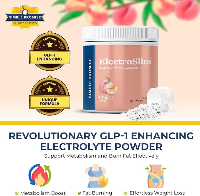 Simple Promise ElectroSlim - Sugar-Free Keto Electrolytes Powder - No Sugar Formula for Daily Energy Support and Hydration, Low Sodium Organic Electrolytes Powder, 30 Servings, Peach Flavor