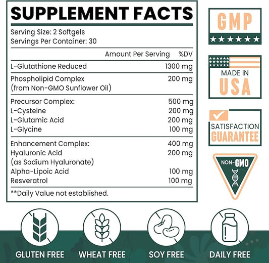 8-in-1 Liposomal Glutathione 2400 MG, High Absorption Antioxidant Formula – with Hyaluronic Acid, Alpha-Lipoic Acid, Resveratrol - Skin, Liver Detox & Immune System, 360 Softgels