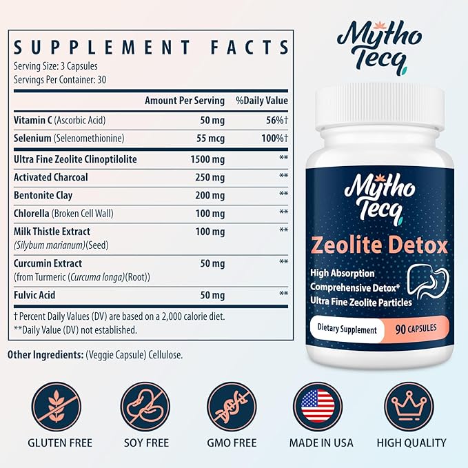 2300 MG Zeolite Detox Capsules - Activated Charcoal & Bentonite Clay, Highly Absorbable Full Body Detox, Liver & Gut Detox Cleanse, Zeolite Clinoptilolite for Heavy Metal Detox （90 Capsules）