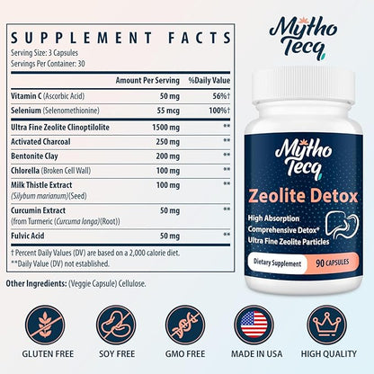 2300 MG Zeolite Detox Capsules - Activated Charcoal & Bentonite Clay, Highly Absorbable Full Body Detox, Liver & Gut Detox Cleanse, Zeolite Clinoptilolite for Heavy Metal Detox （90 Capsules）
