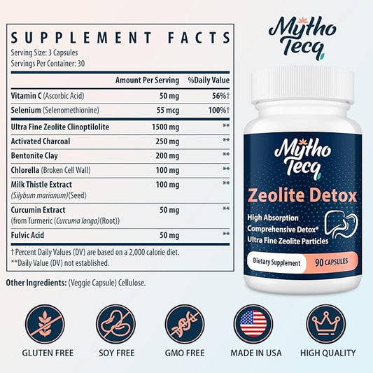2300 MG Zeolite Detox Capsules - Activated Charcoal & Bentonite Clay, Highly Absorbable Full Body Detox, Liver & Gut Detox Cleanse, Zeolite Clinoptilolite for Heavy Metal Detox （90 Capsules）