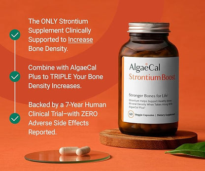 AlgaeCal - Strontium Boost, Natural Calcium Supplement for Bone Density Increase, Strontium Citrate 680 mg, Easy to Swallow for Bone Health & Bone Strength, Gluten-Free - 60 Veggie Caps- Made in USA