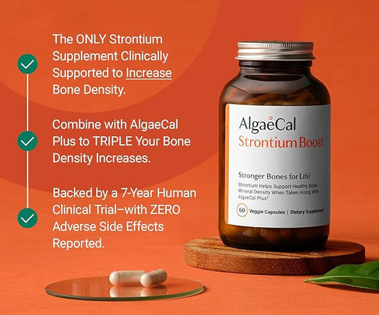 AlgaeCal - Strontium Boost, Natural Calcium Supplement for Bone Density Increase, Strontium Citrate 680 mg, Easy to Swallow for Bone Health & Bone Strength, Gluten-Free - 60 Veggie Caps- Made in USA