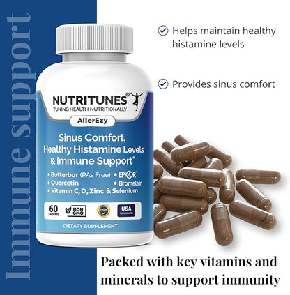 Sinus, Histamine & Immune Support–Butterbur, EpiCor, Quercetin with Bromelain – Allergy Support Supplement – 60 AllerEzy Capsules