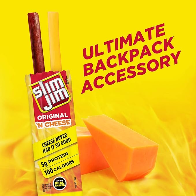 Slim Jim Beef 'N Cheese Smoked Meat Sticks, Original Flavor, 5g Protein Per Serving, Snack Size, Lunchbox Snack, 0.9 oz. (10 Count)