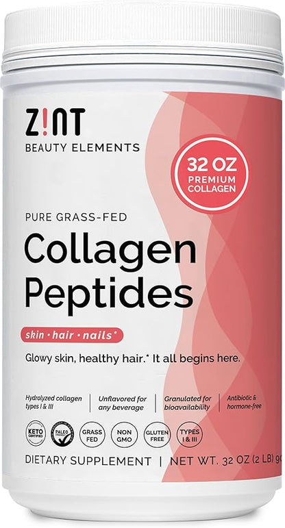 Zint Collagen Peptides Powder (32 oz): Anti Aging Hydrolyzed Collagen Protein Powder Beauty Supplement - Skin, Hair, Nails