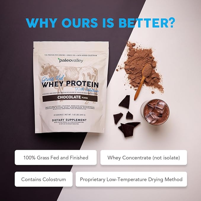 Paleovalley 100% Grassfed Whey Protein Powder with Colostrum, 13g Protein, Chocolate, Muscle Building, Immune Support, Gut Health, 30 Servings