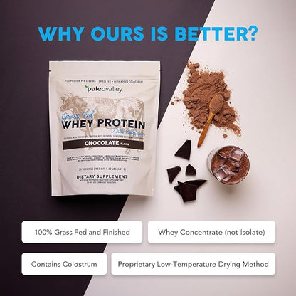 Paleovalley 100% Grassfed Whey Protein Powder with Colostrum, 13g Protein, Chocolate, Muscle Building, Immune Support, Gut Health, 30 Servings
