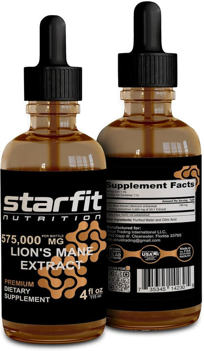 STARFIT Lion's Mane Mushroom Extract, 575,000 mg, Liquid Supplement for Immune Support, Memory, and Digestive Health, 4 fl oz