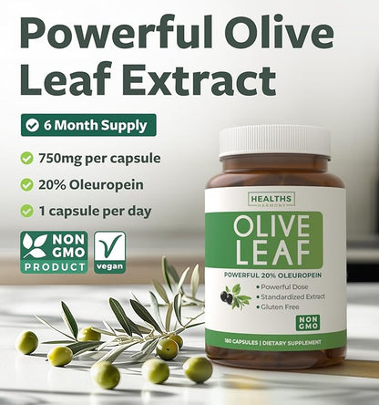 Super Strength Olive Leaf Extract Capsules - Vegan Non-GMO 750mg Olive Extract with 20% Oleuropein Antioxidant Supplement for Immunity Skin and Heart Health Support - Made in The USA (6 Month Supply)