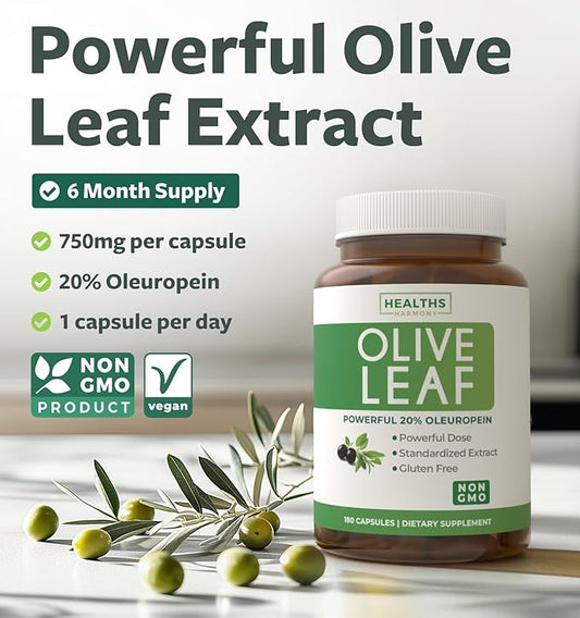 Super Strength Olive Leaf Extract Capsules - Vegan Non-GMO 750mg Olive Extract with 20% Oleuropein Antioxidant Supplement for Immunity Skin and Heart Health Support - Made in The USA (6 Month Supply)