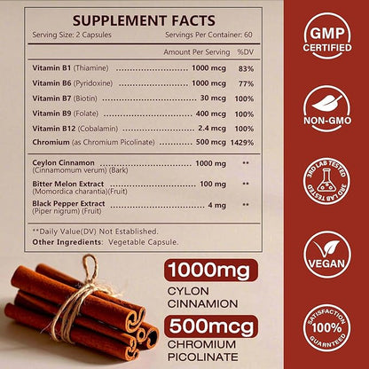 NATURE TARGET Ceylon Cinnamon Capsules - Cinnamon Supplements Plus Chromium, Bitter Melon, Vegetarian, 120 Capsules