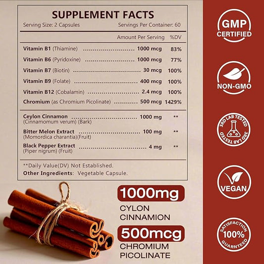 NATURE TARGET Ceylon Cinnamon Capsules - Cinnamon Supplements Plus Chromium, Bitter Melon, Vegetarian, 120 Capsules