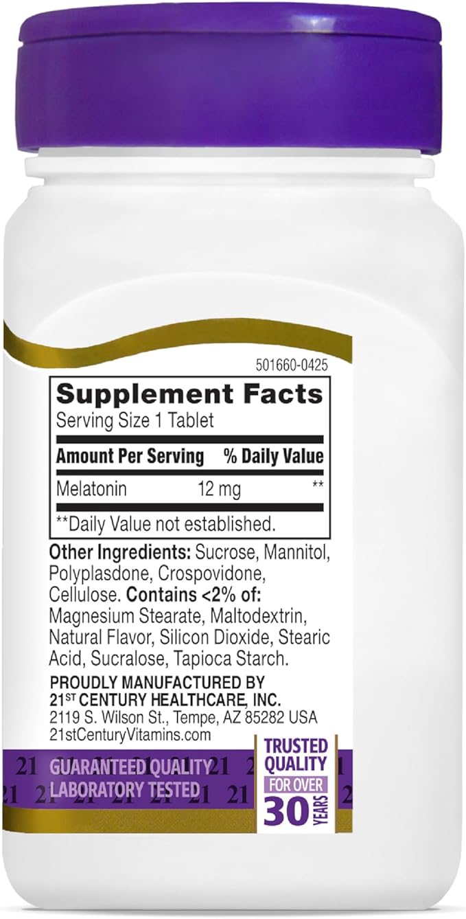 21st Century Melatonin 12 mg Quick Dissolve Max Strength Tablets, (120 Count) Sleep Aid for Adults, Cherry Flavored Sleep Supplement, Gluten-Free, No Artificial Colors or Preservatives
