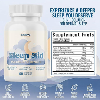 All in One Sleep Aid for Adults | Complete Sleep Support & Non-Habit Forming | Max Strength w/Melatonin, Magnesium, Lemon Balm & 15 Sleep-Promoting Ingredients – 3rd Party Tested | 60 Caps