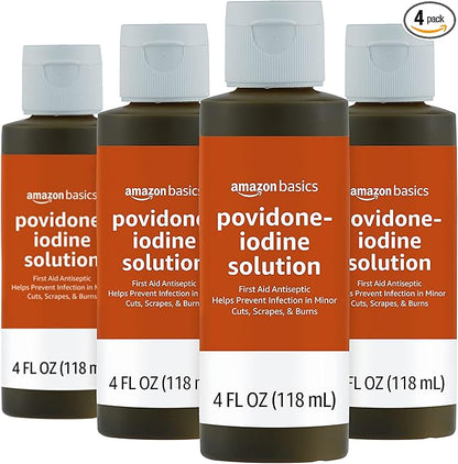 Amazon Basics First Aid Antiseptic, 10% Povidone Iodine Solution, 4 Fluid Ounces, 4-Pack (Previously Solimo)