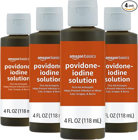Amazon Basics First Aid Antiseptic, 10% Povidone Iodine Solution, 4 Fluid Ounces, 4-Pack (Previously Solimo)
