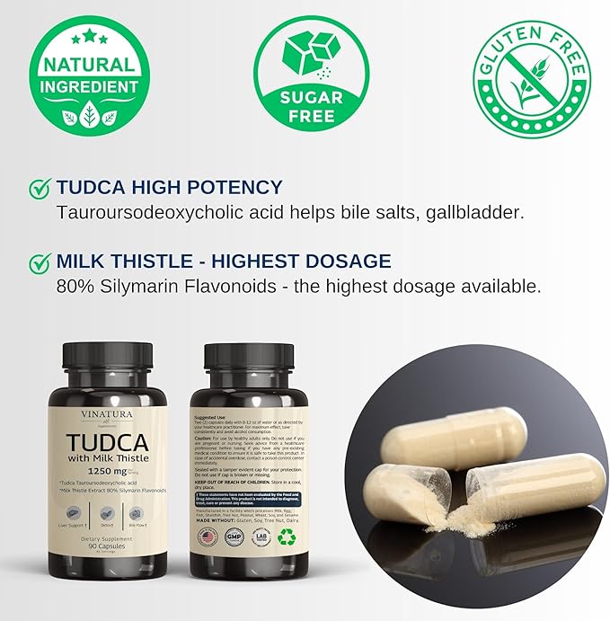 TUDCA Milk Thistle 1250mg - Tudca Supplement, Tudca Bile Salts, Liver Support, Gallbladder Supplements *USA Made and Tested* Bile Salts Supplement - 90 Capsules
