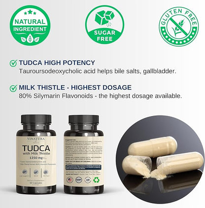 TUDCA Milk Thistle 1250mg - Tudca Supplement, Tudca Bile Salts, Liver Support, Gallbladder Supplements *USA Made and Tested* Bile Salts Supplement - 90 Capsules