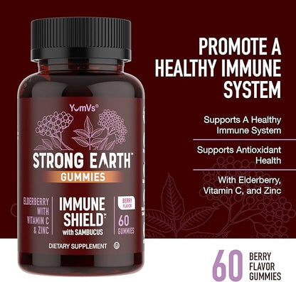 Strong Earth Elderberry Gummies – Sambucus Elderberry Immune Support with Vitamin C & Zinc – Black Elderberry Gummies, Berry Flavor, Non-GMO, Gluten Free, Kosher – 60 Count