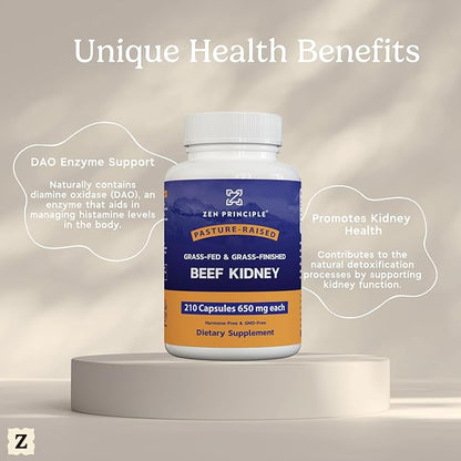 Zen Principle Grass Fed Beef Kidney Supplement, 210 Capsules, 3000 mg. DAO Enzyme for Histamine Health. Selenium and B12 for Thyroid Support.