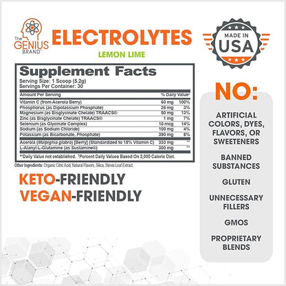 The Genius Brand Genius Electrolytes - Electrolyte Powder for Active Lifestyles - Supports Hydration, Energy, Endurance, Muscle Growth & Recovery - Lemon Lime - 30 Servings