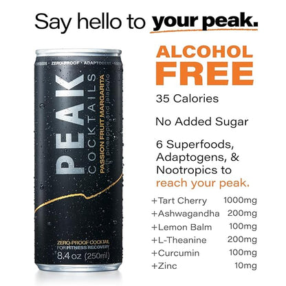 Peak Cocktails Non-Alcoholic Cocktail | Mixologist-made | Adaptogens, Nootropics, Superfoods for Recovery, Calm, Sleep | Ashwagandha, Tart Cherry, L-Theanine | Passion Fruit Margarita | 8.4oz, 12-Pack