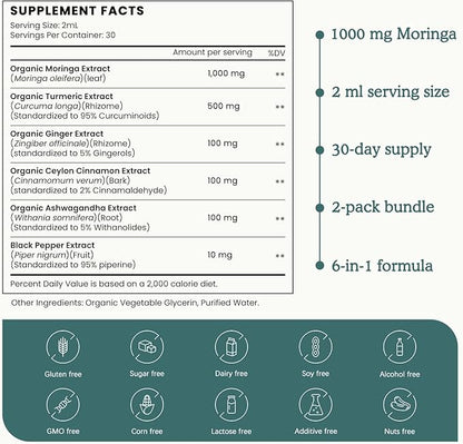 (2 Pack) Organic Moringa Leaf Extract Liquid Drops Supplement 1000mg with Turmeric and Black Pepper for Energy, Antioxidant and Skin, Green Superfood Supplement for Women Men, Vegan, 1 Fl Oz