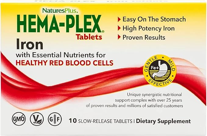 Natures Plus Hema-Plex Iron - 10 Slow-Release Tablets - 85 mg Chelated Iron - Total Blood Health - with Vitamin C & Bioflavonoids - Vegan, Gluten Free - 10 Servings