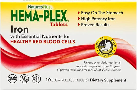 Natures Plus Hema-Plex Iron - 10 Slow-Release Tablets - 85 mg Chelated Iron - Total Blood Health - with Vitamin C & Bioflavonoids - Vegan, Gluten Free - 10 Servings