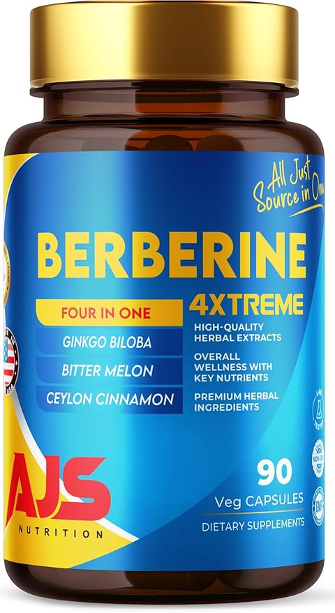 AJS Berberine Supplement with Ceylon Cinnamon & Ginkgo Biloba - Blood Sugar Support Supplement, High Potency Berberine HCl 400mg + Bitter Melon Extract, 90 Capsules, 45 Days Supply