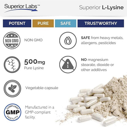 Superior Labs L-Lysine 500 mg Capsules, Pure Non-GMO, Third-Party Tested, No Fillers, Gluten Free, Supports Immune System, Promotes Calcium Absorption, 120 Caps
