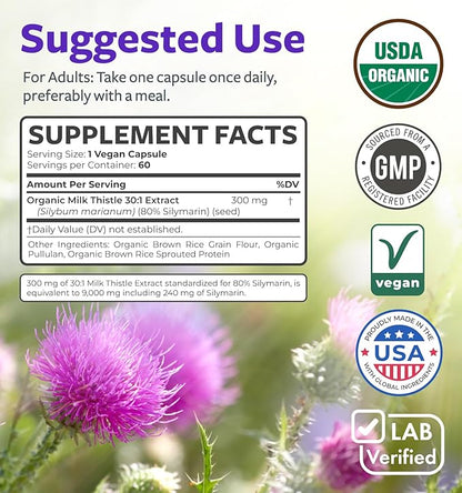 USDA Organic Milk Thistle Capsules - 80% Silymarin Supplement for Liver Support- Super Concentrated 300mg of 30:1 Milk Thistle Extract Equivalent to 9,000mg - Milk Thistle Liver Detox 60 Day Supply