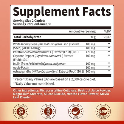 White Kidney Bean Extract, 6 In1 Complex - Cayenne Pepper, Ashwagandha, Apple Pectin, Inulin, Potato Extract for High Absorption, 120 PCS