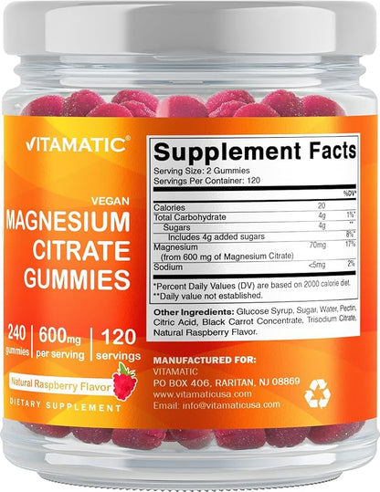 Vitamatic Magnesium Citrate Gummies 600mg per Serving - 240 Vegan Gummies - Natural Raspberry Flavor - High Absorption Magnesium Supplement - Supports Nerve, Bone and Muscle Health