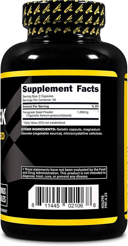 Primaforce Fenugreek Seed Capsules (180 Capsules / 1350mg Per Serving, 2 Capsule Servings) - Premium Herbal Supplement for Men and Women, Non-GMO, Gluten Free Supplement