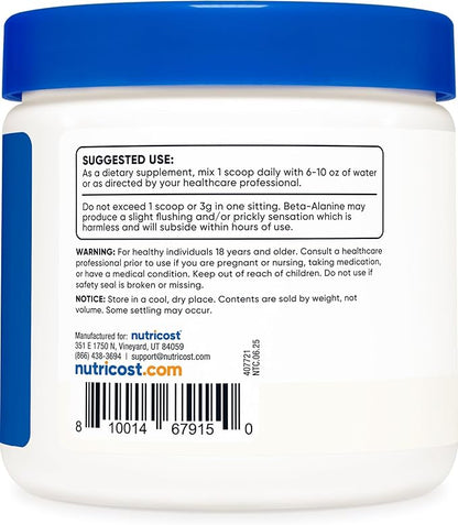 Nutricost Beta Alanine Powder 300 Grams (10.7oz) - 3 Grams Per Serving