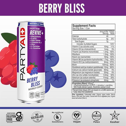 PARTYAID Rehab Blend, Feel Good Tonight and Tomorrow, Contains 5-HTP, B-Complex, Milk Thistle, Electrolytes, No Artificial Flavors or Sweeteners, Caffeine-Free, 12 Fl Oz (Pack of 24)