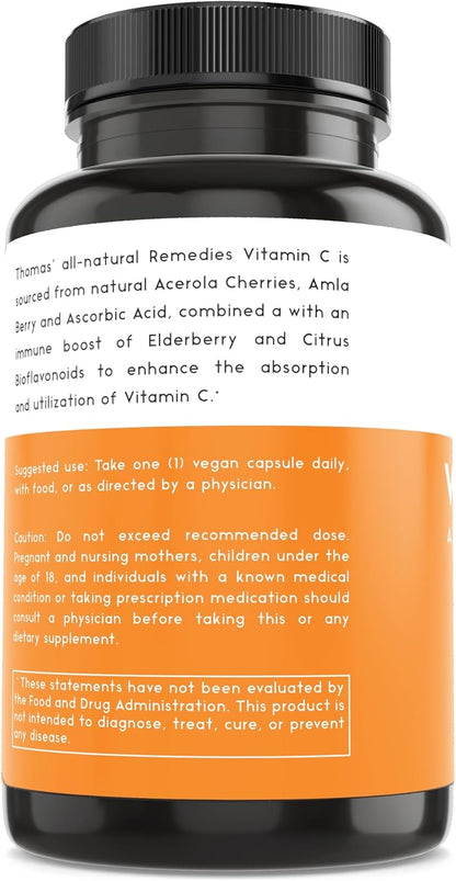 Thomas' all-natural Remedies Vitamin C with Organic Elderberry, Organic Citrus Bioflavonids - Whole Food Supplement - Non-GMO - Raw Vegan - 90 Capsules