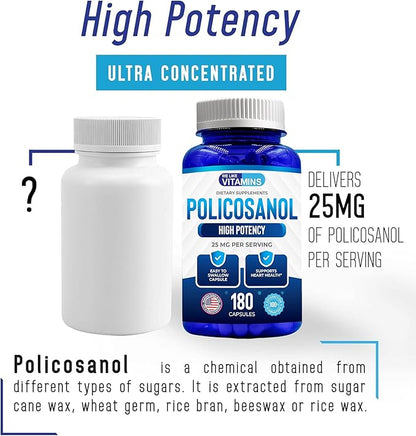 We Like Vitamins Policosanol 25mg - 180 Capsules - Policosanol Supplement Made from Natural Sugar Cane - Non-GMO and Gluten-Free