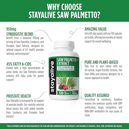 STAY ALIVE Saw Palmetto Extract Capsules w/Cranberry & Pumpkin Seed Oil, 120 Vegan Pills for Hair, U.T & Prostate, Pure Saw Palmetto for Men and Women, Non-GMO, Gluten Free Pumpkin Seed Supplement