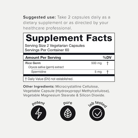 Toniiq Ultra Concentrated 500mg Spermidine Supplements for Men and Women - Non-Synthetic Spermidine Standardized to No Less Than 1% Spermidine - 5mg Spermidine per Serving Rice Germ Extract