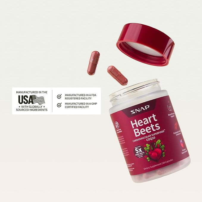 Snap Supplements Heart Beets Capsules with CoQ10, Cardiovascular Support Supplement for Men & Women, Superfood Made with 5X More Beets, Heart Health, Circulation & Cholesterol Support, 60 Capsules