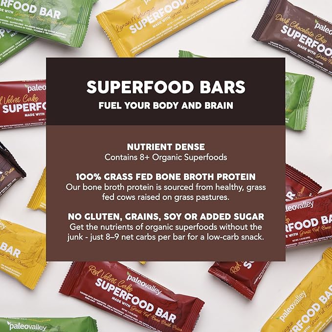 Paleovalley Superfood Bars – Dark Chocolate Chip– 10 Pack – 9g Protein per Bar – Gluten-Free, Grain-Free, Paleo, Non-GMO – On-the-Go Snack